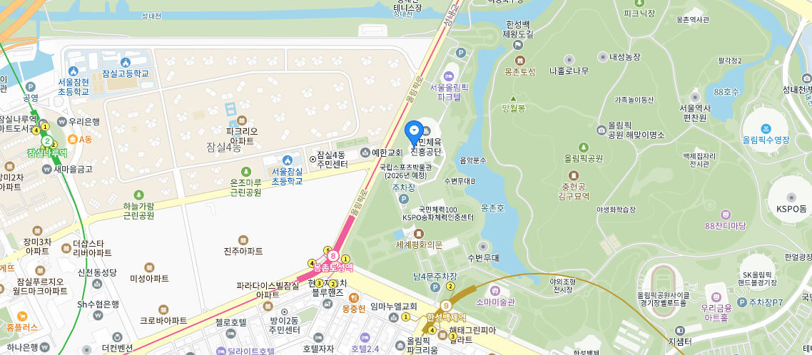 국민체육진흥공단 지도이며 주소는 서울 송파구 올림픽로 424번지이며 주변 지하철은 5호선 올림픽공원역과 5호선 방이역이 있고 주변 정류장은 올림픽공원남2문이며 주변 버스는 지선 버스 3412, 3413과 일반버스 30, 30-5번이 있습니다.